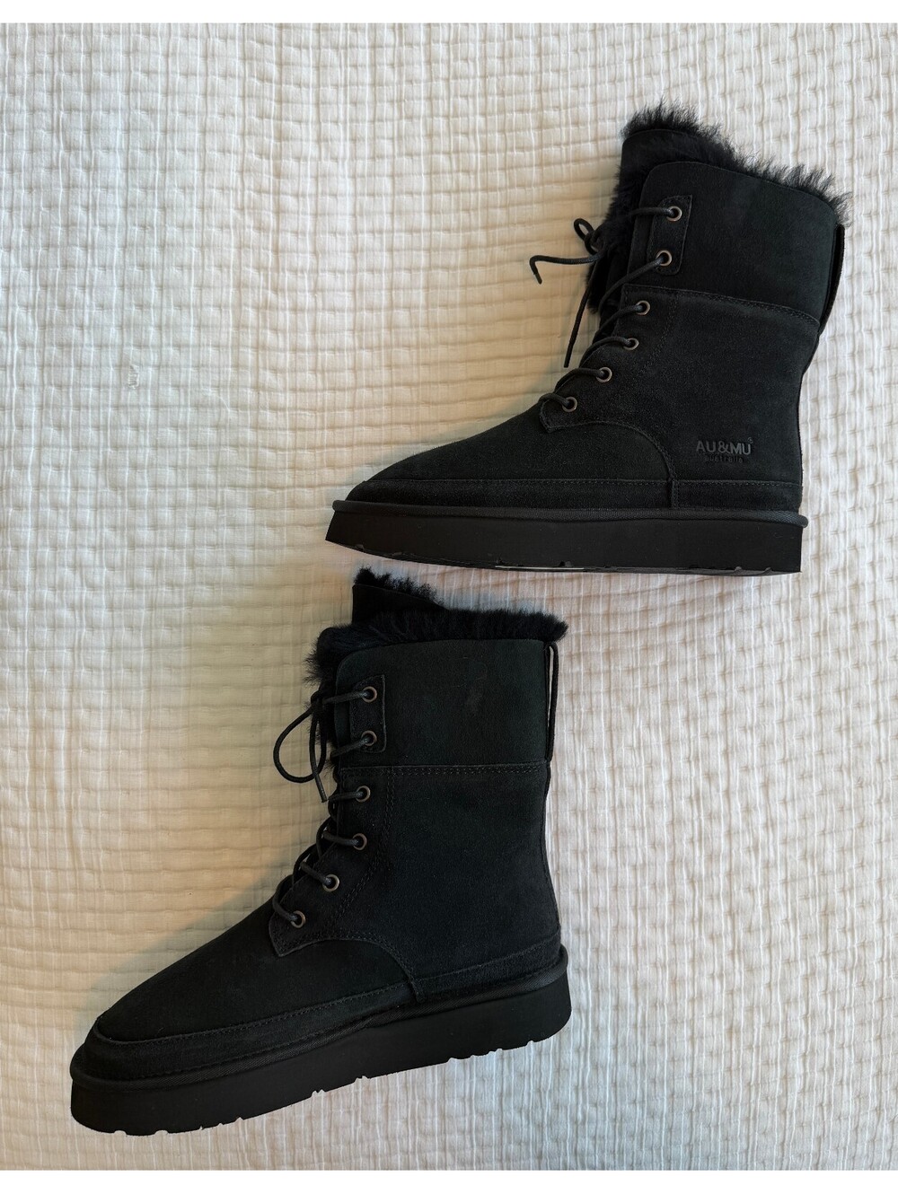 AU&MU Black Suede Sheepskin Lace-Up Winter Boots Women’s Size 8 Brand New - Picture 4 of 7
